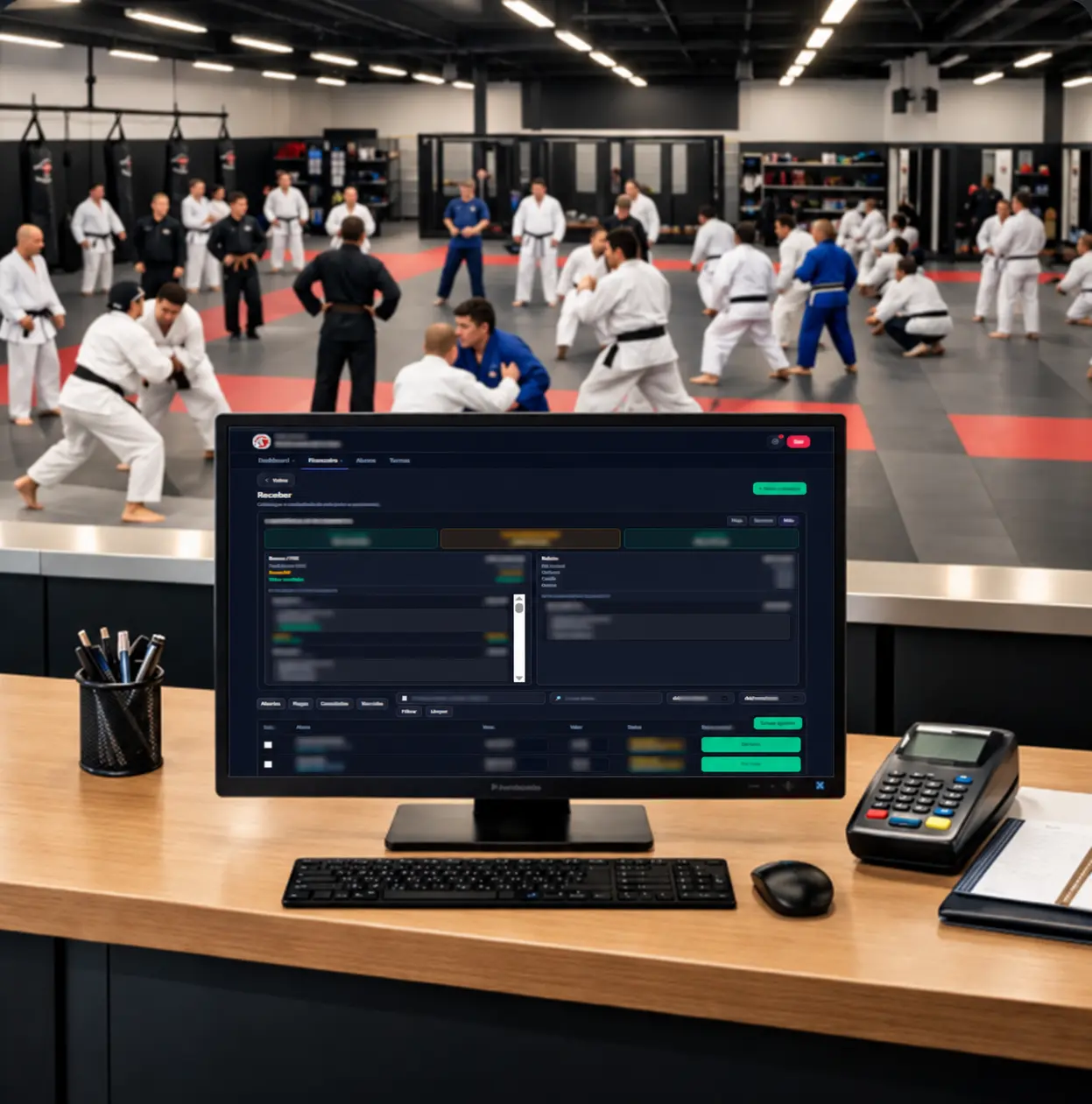 Academia de artes marciais utilizando uma tela real anonimizada do ClicTreino